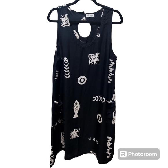 XL Sleeveless Black with Cream Sealife Print Casual Party VCAY Midi… - Picture 1 of 7